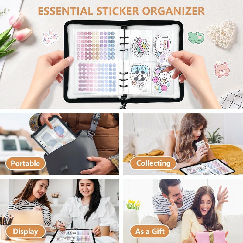 NOCAFI Sticker Organizer Binder Storage Book A5 Reusable Sticker Book Collecting Holder Display Album with 220 Pockets and Zipper Closure (Black) - Image 4